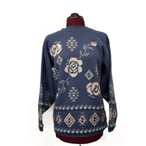Adele Knit Wear Sweater‎ Womens Large Blue Geometric Retro Pattern 80s Pullover